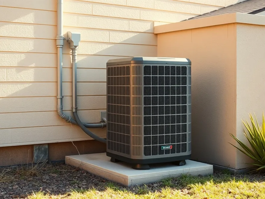 Outdoor condenser unit beside a house on a hot clear day